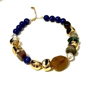 Contemporary Olive & Blue Chunky Beaded Collar Statement Necklace | NWOT